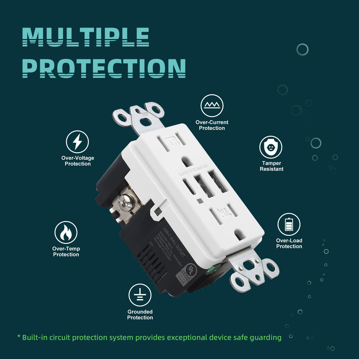 TOPELER USB-C and USB-A ports with screwless wall plate for a clean look.
