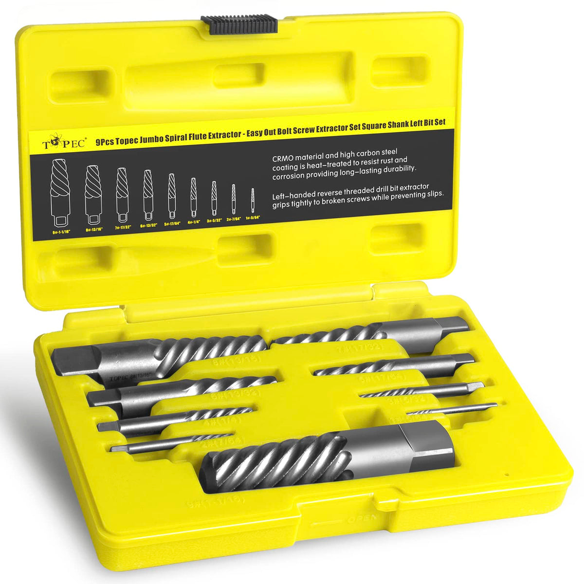 Topec 9-piece jumbo spiral flute extractor kit ready for fastener removal.