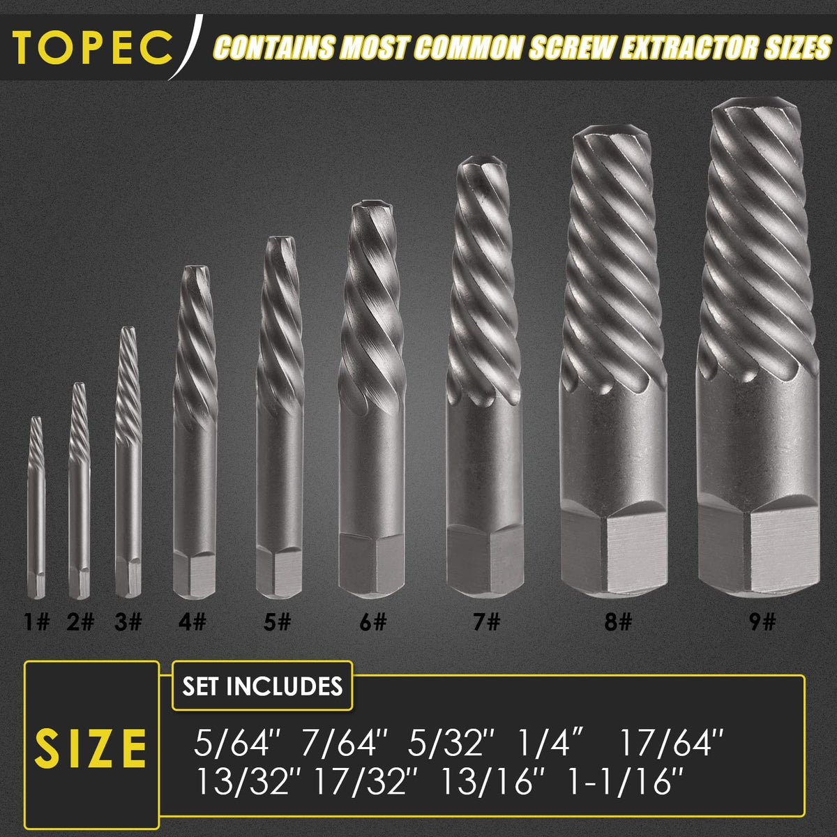 Topec 9-piece chart shows exact extractor sizes for precise selection.