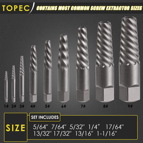 Topec 9-piece chart shows exact extractor sizes for precise selection.