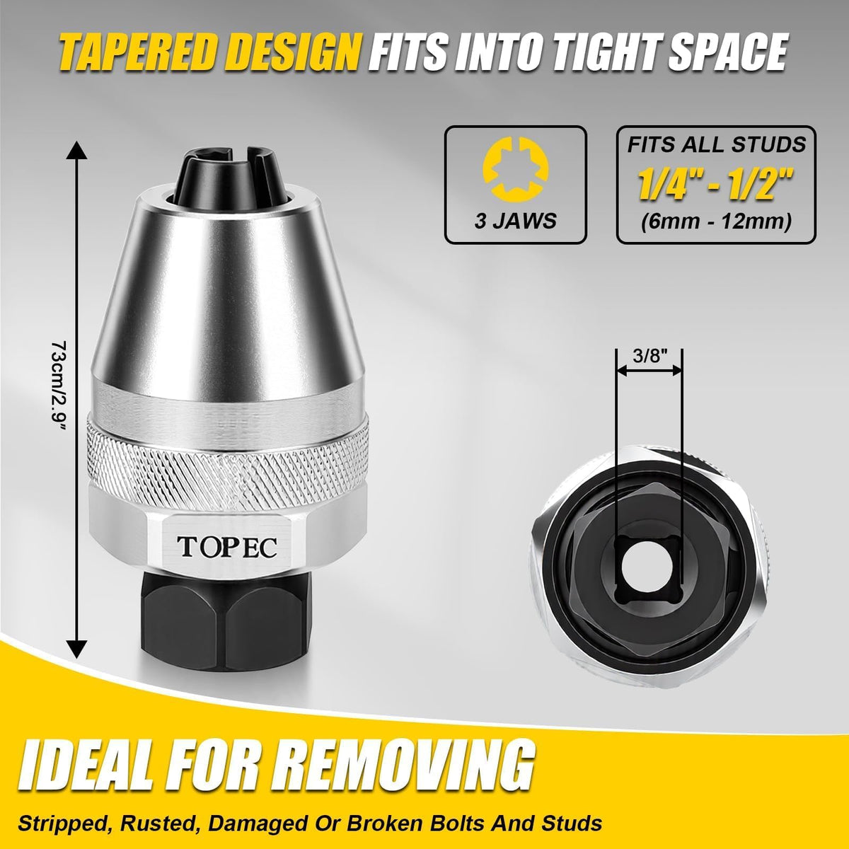 Topec tool shows three jaws clamping a rusted stud to prevent slipping.