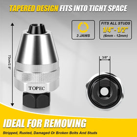 Topec tool shows three jaws clamping a rusted stud to prevent slipping.