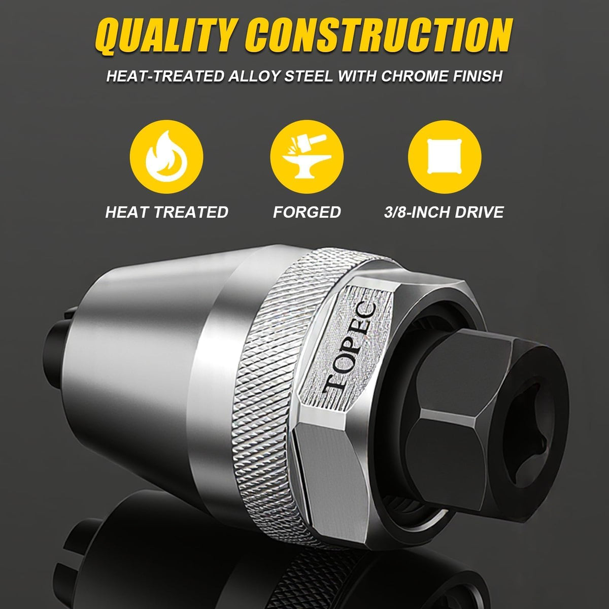 Topec CR-MO steel construction highlights durability for heavy-duty bolt extraction.