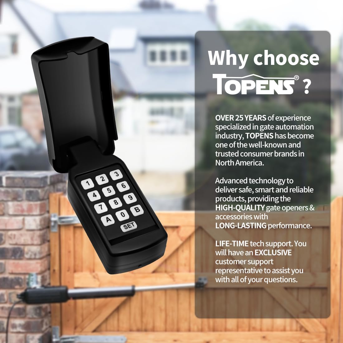 TOPENS TC188 keypad compatible with varied gate openers and dry contact signals.