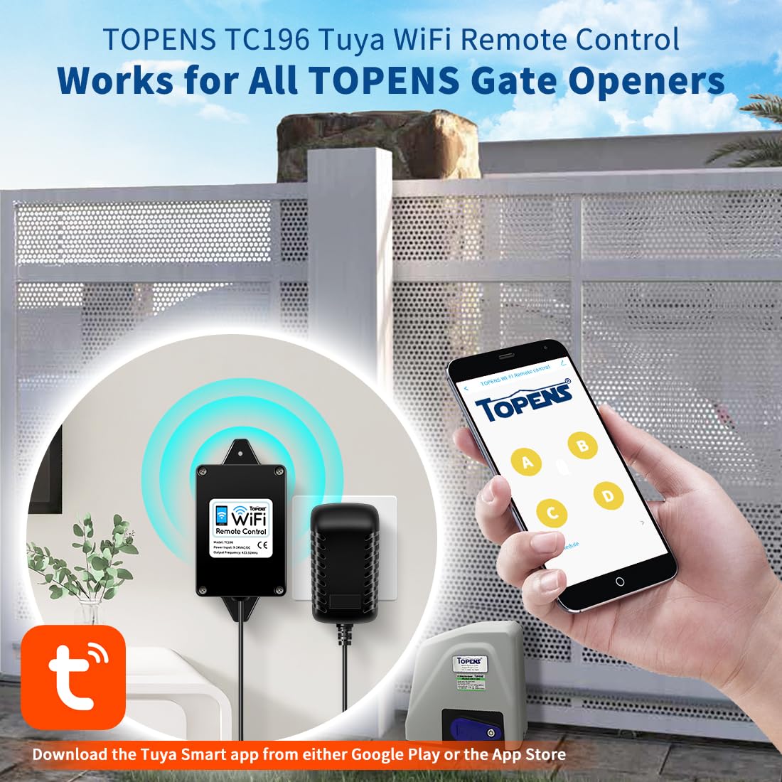 TOPENS TC196 app control dashboard for gate management from device