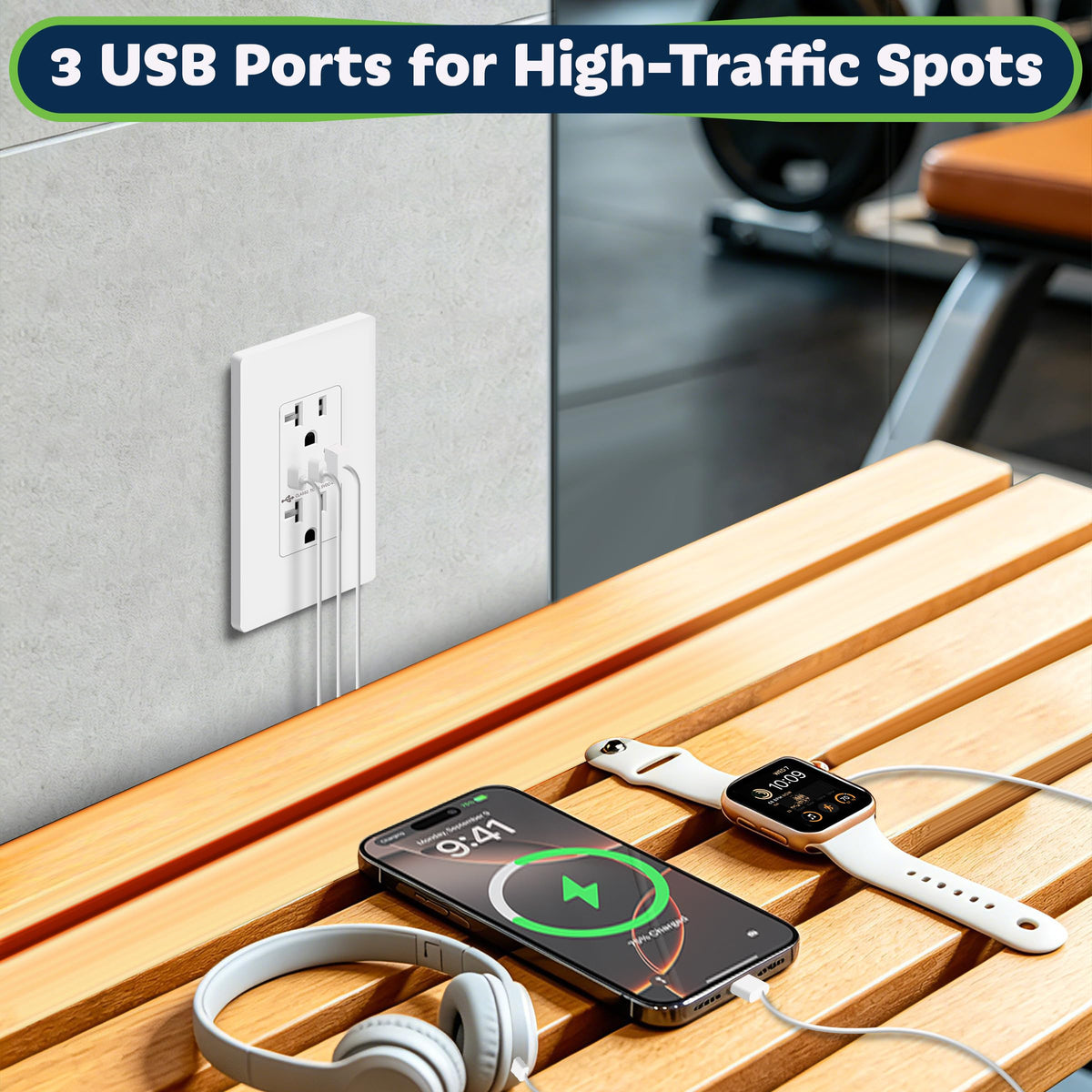 TOPGREENER 20A receptacle detail highlighting electrical capacity and safety