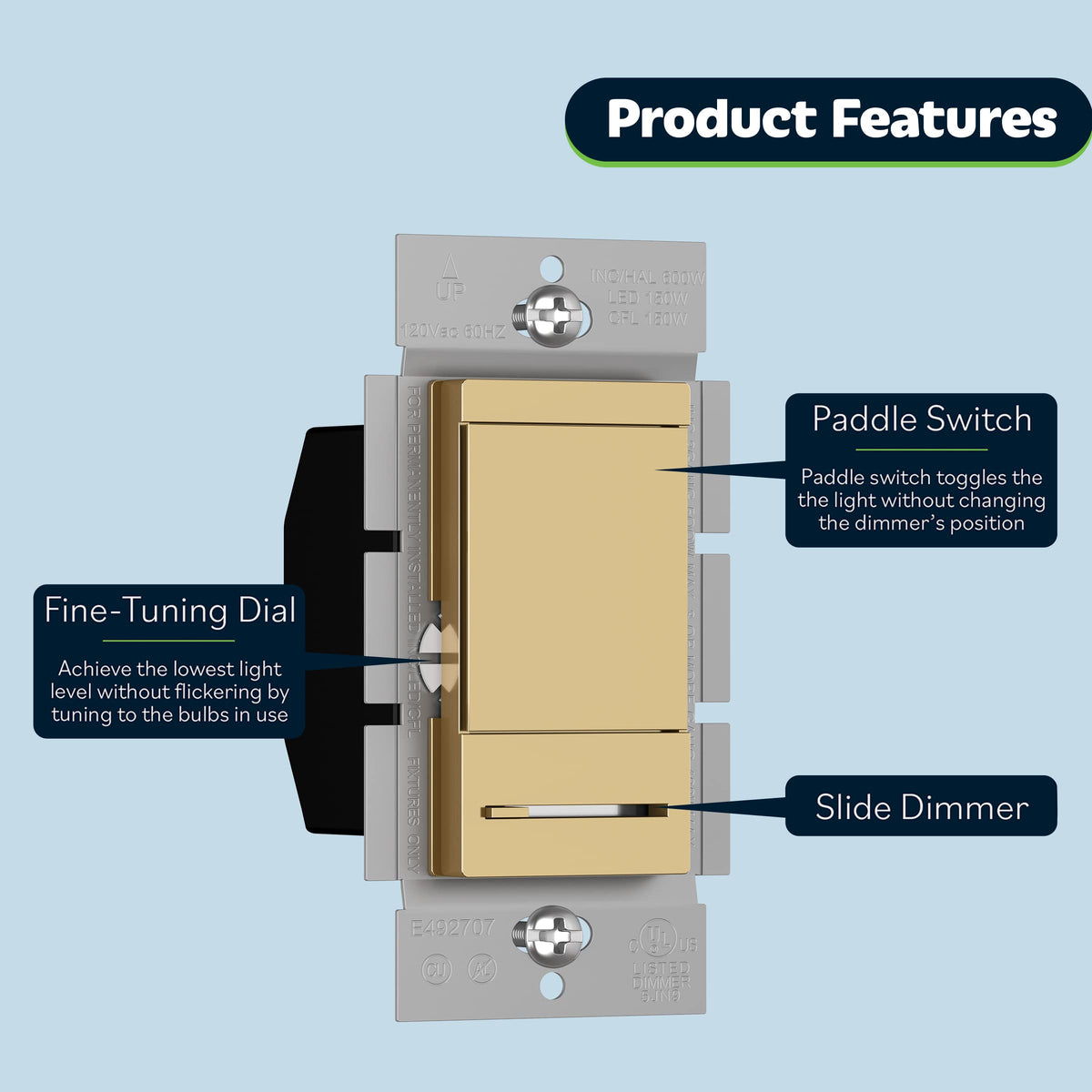 TOPGREENER TGDMDS-120-GD dimmer slider for smooth brightness adjustments