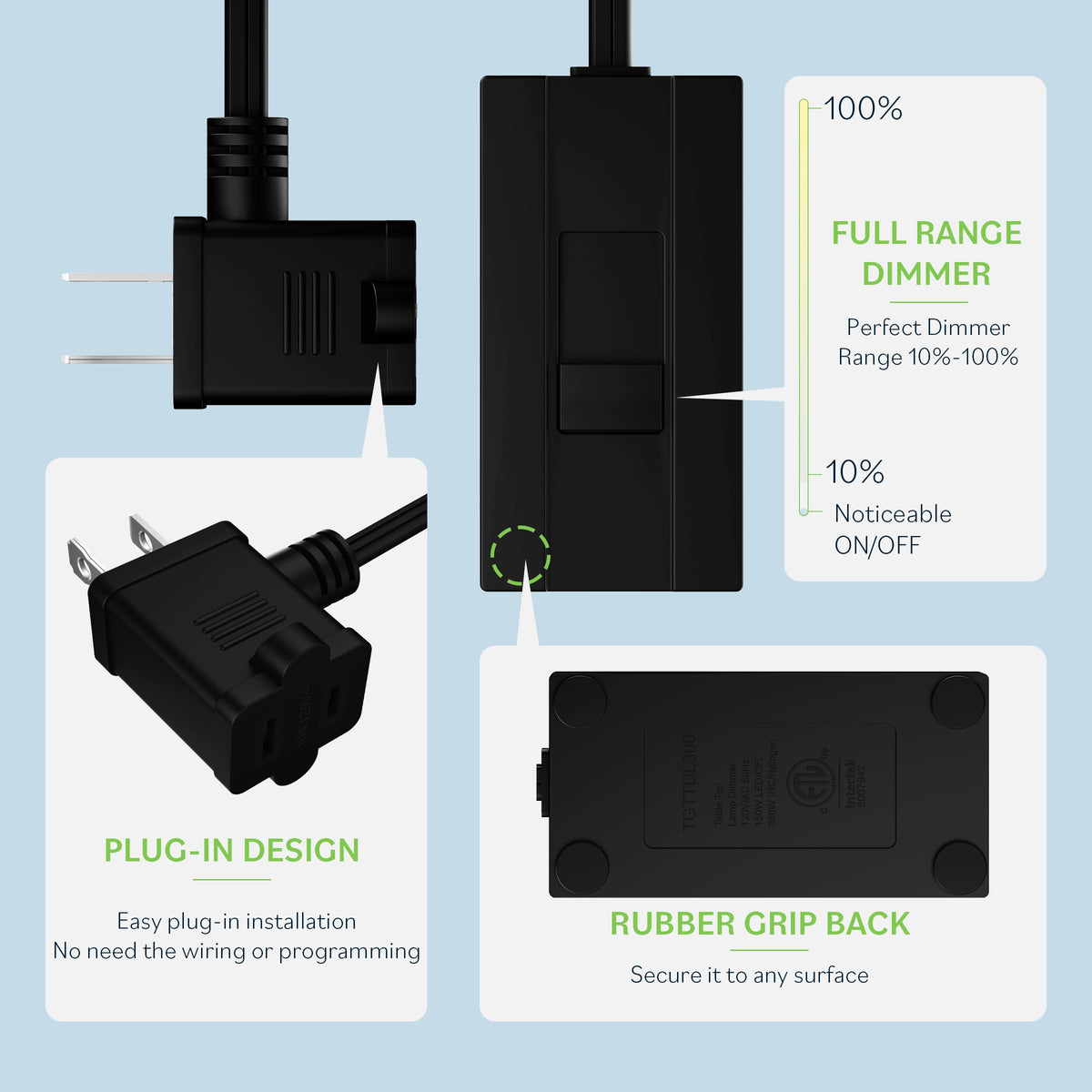 TOPGREENER TGTTDL300-BK dimmer on table lamp setup demonstrates easy plug-in installation