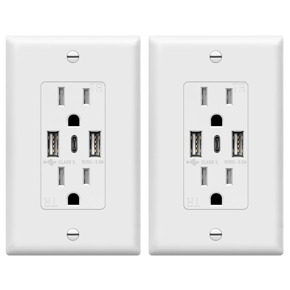 TOPGREENER USB outlet 3-port Type-C 18W for versatile charging in a wall receptacle.