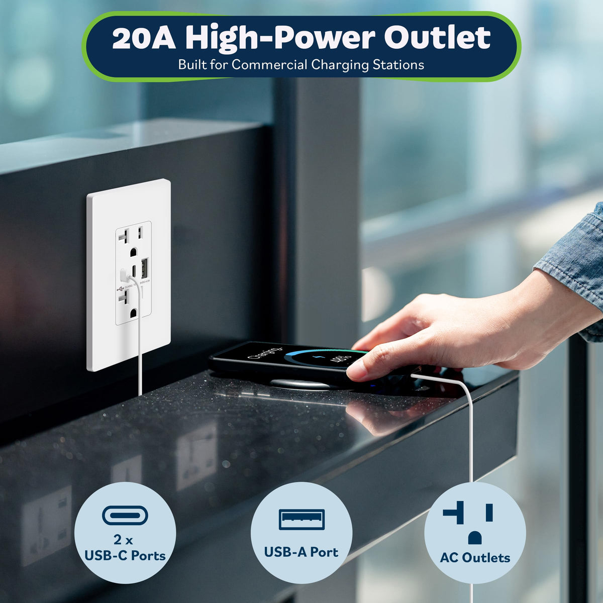 TOPGREENER USB ports close-up with USB-A and USB-C options for devices