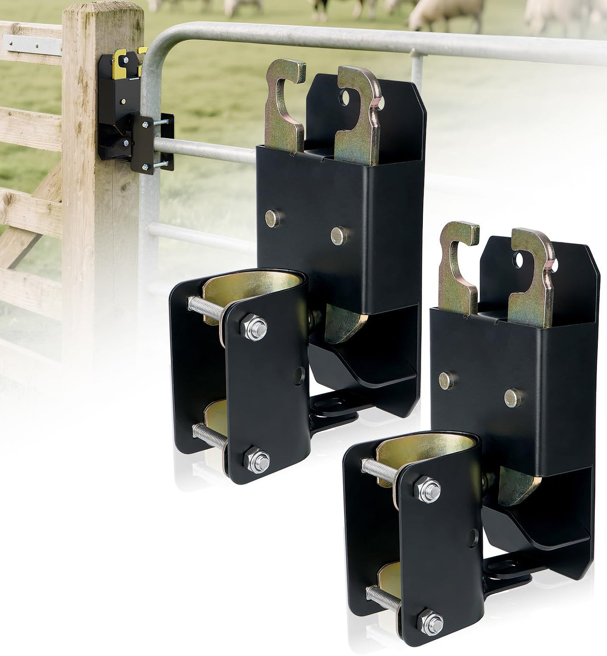 Toplamper 2Way Gate Latch on a gate, enabling secure livestock access.