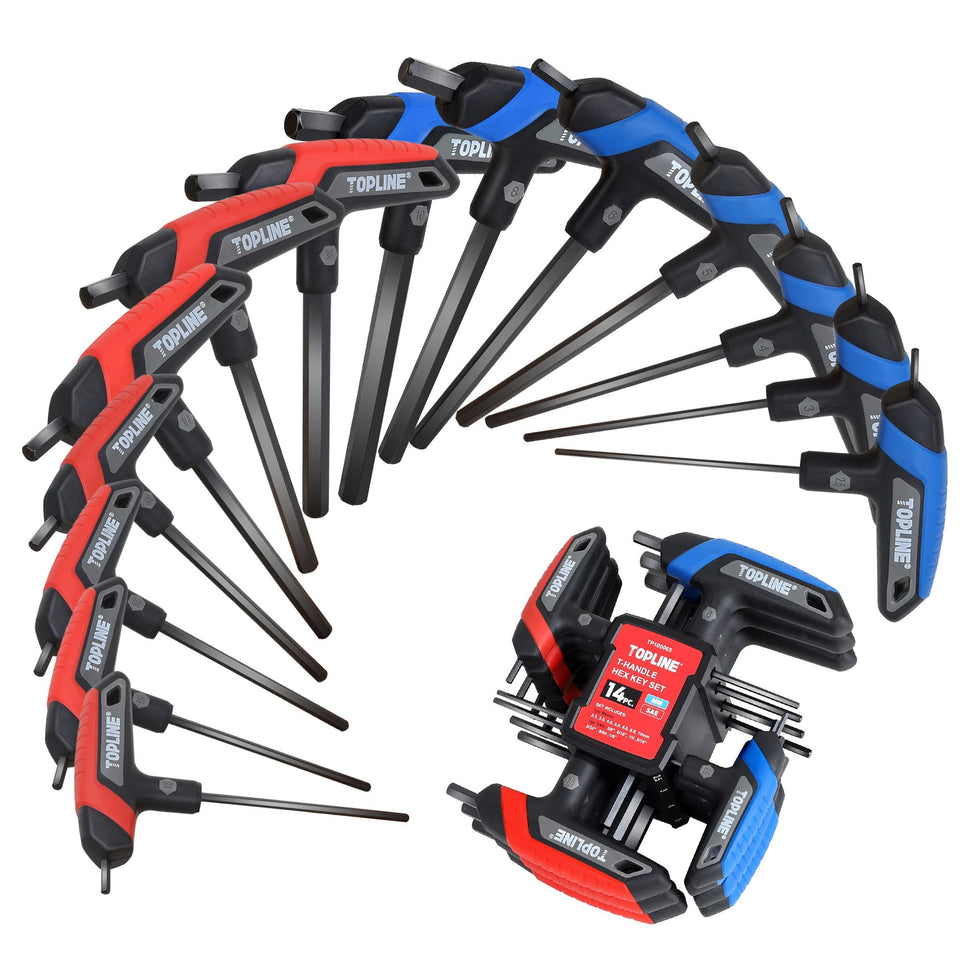 Topline 14-piece T-handle hex keys organized on storage rack for quick access