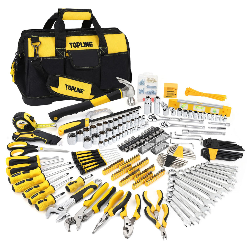 Topline 467-piece tool set in an open bag for easy access during home maintenance