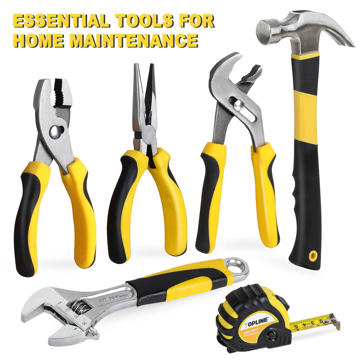 Topline 16-foot tape measure and hammer for quick household fixes