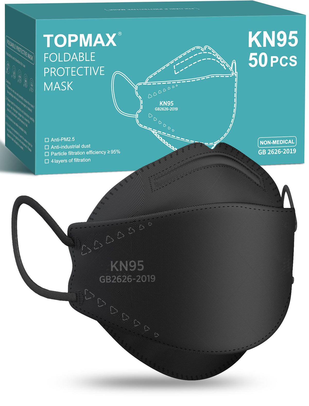 TOPMAX KN95 mask black front view showing secure fit and coverage