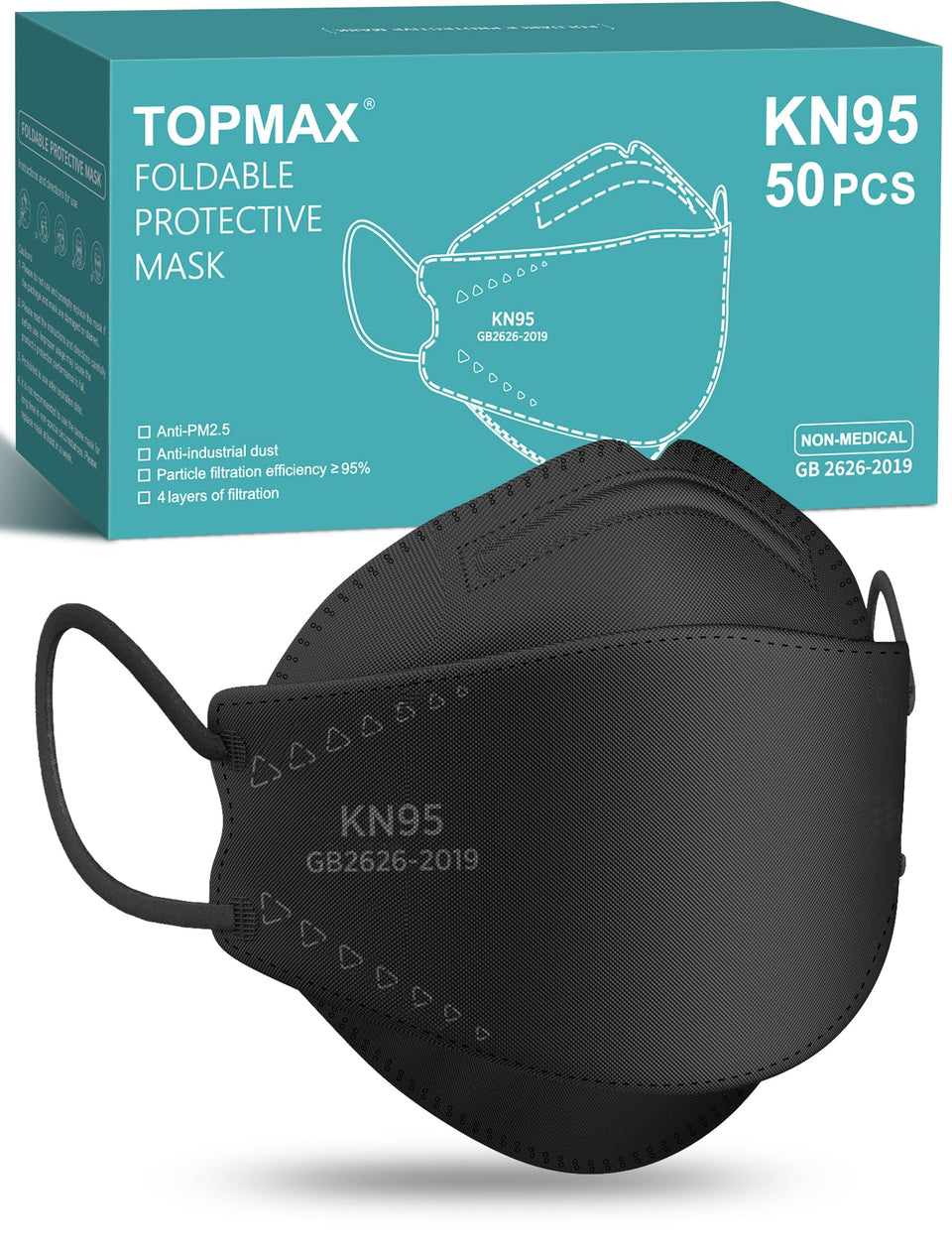 TOPMAX KN95 mask black front view showing secure fit and coverage