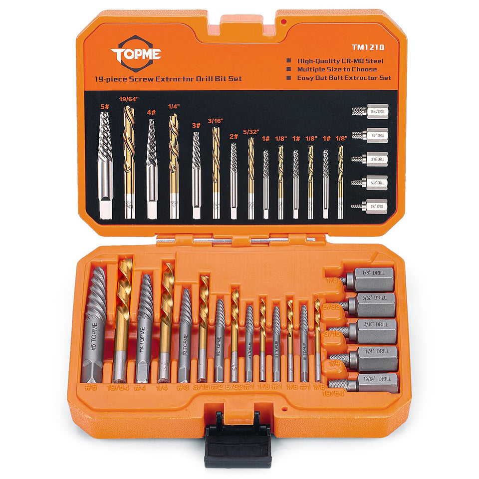 TopMe 19 piece screw extractor set with left handed bits in a compact case for quick repairs.