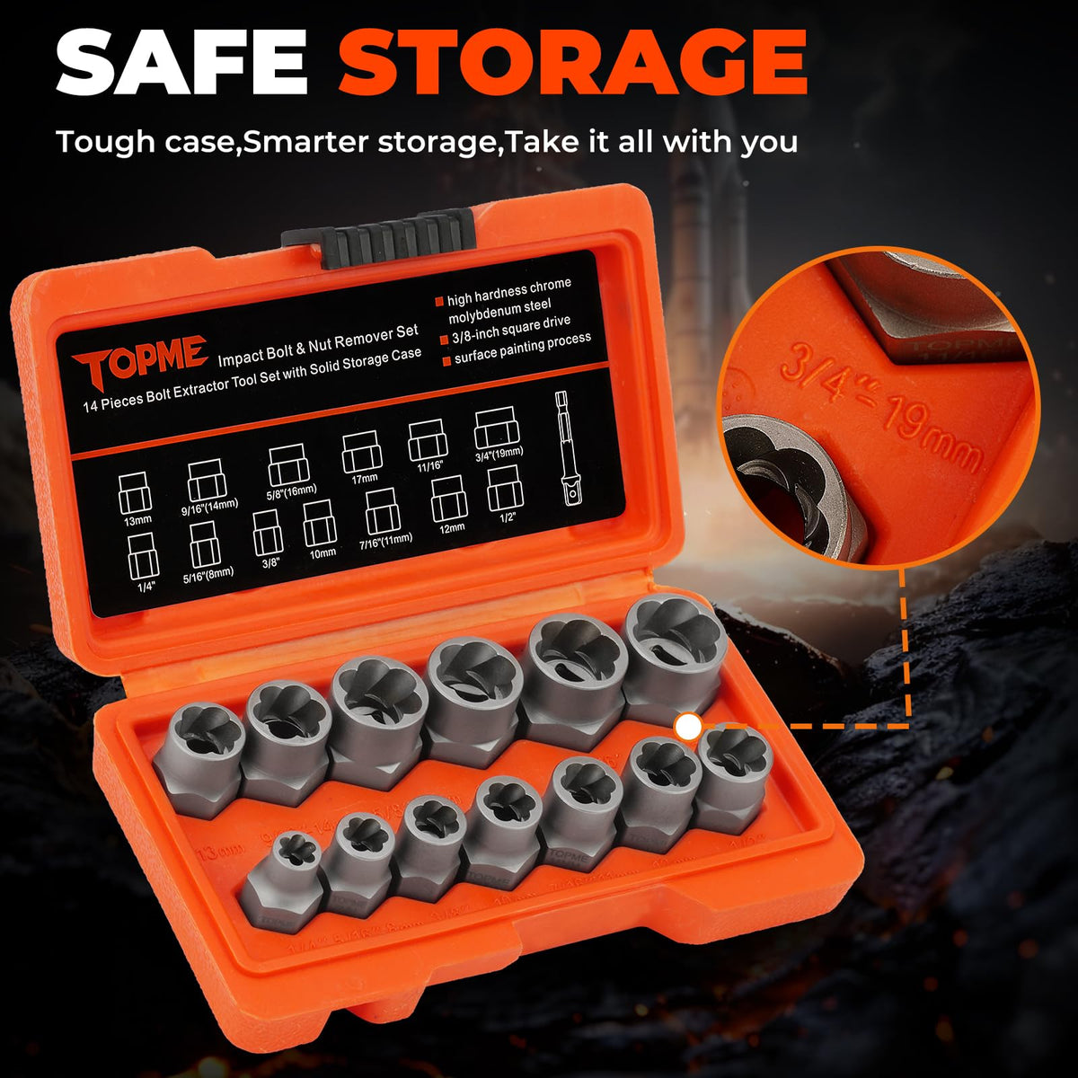 3/8-inch drive compatibility shown with impact wrenches.