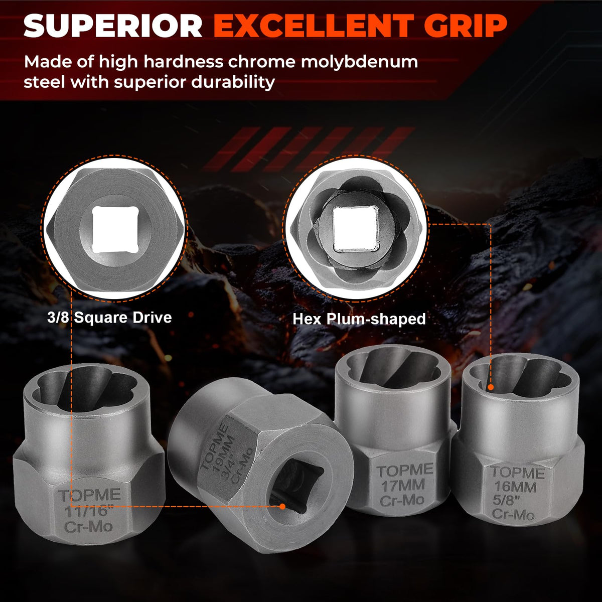 8–19 mm extractor sizes included for common automotive bolts.