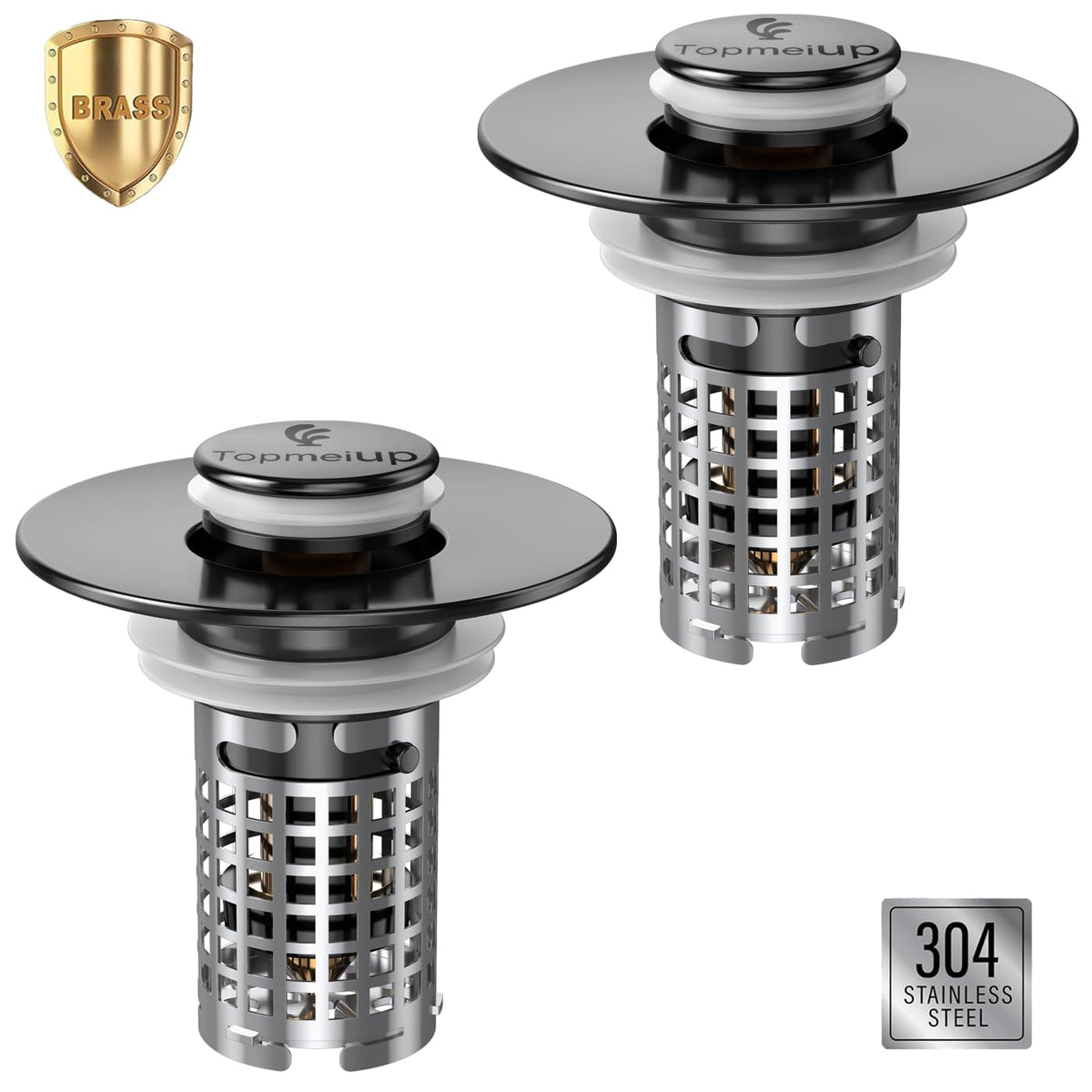 TopmeiUP sink stopper with pop-up design for easy drain control and hair capture.