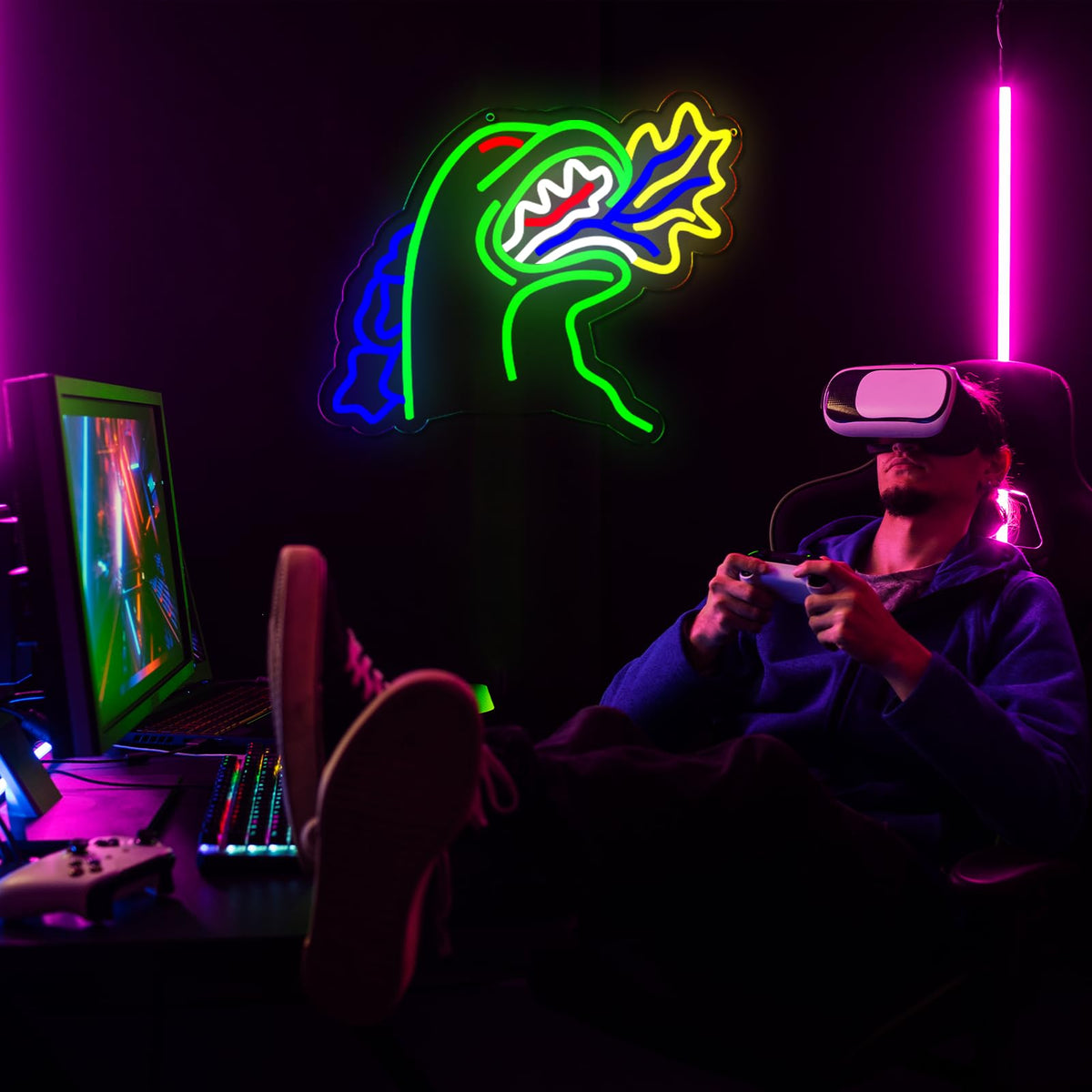 TOPQUALI Neon wall art for game rooms with a playful monster theme.