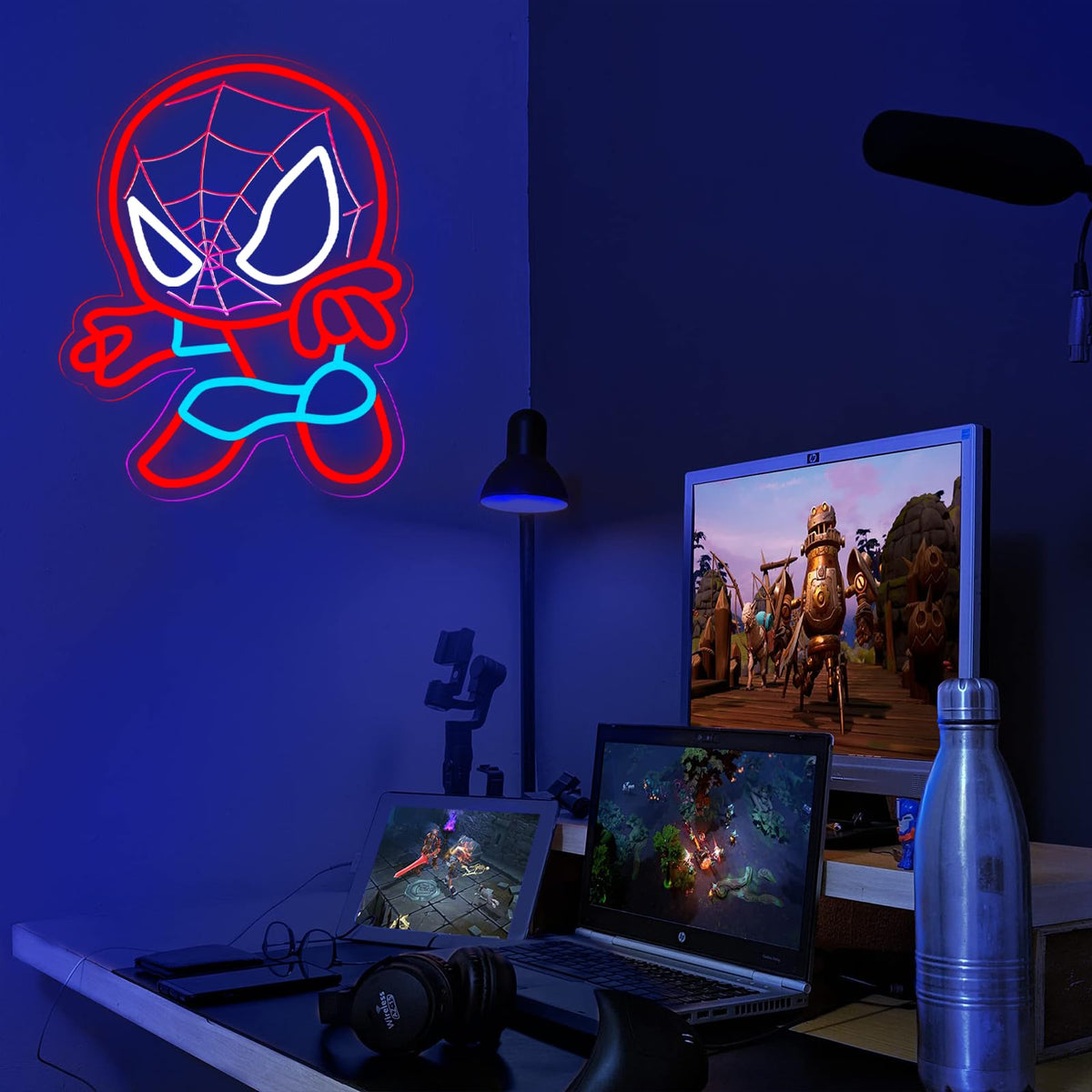 TOPQUALI Spider Neon Sign enhances gaming room atmosphere and display.