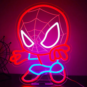 TOPQUALI Spider Neon Sign on wall creates a vibrant bedroom backdrop.