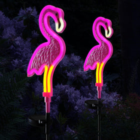 TopRuifeng Flamingo Solar Light pink neon stake glowing along a garden path