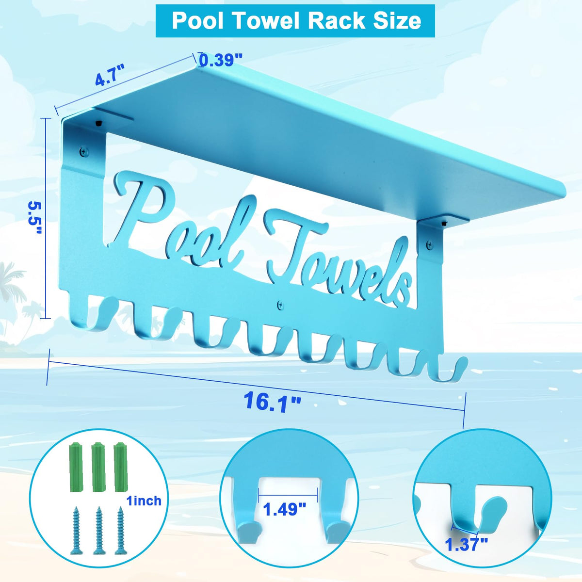 Topspeeder blue eight-hook pool rack for towels, robes, and bags.