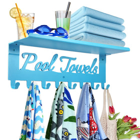 Topspeeder blue outdoor pool towel rack with shelf keeps towels organized and accessible.