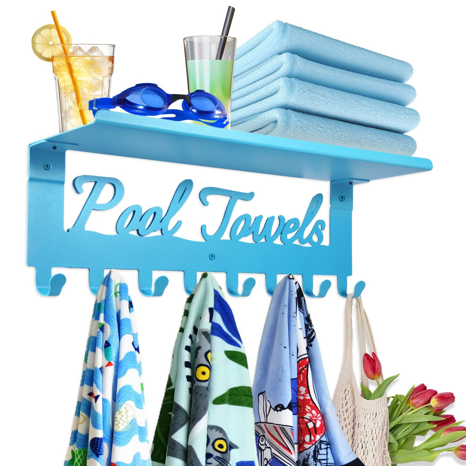 Topspeeder blue outdoor pool towel rack with shelf keeps towels organized and accessible.