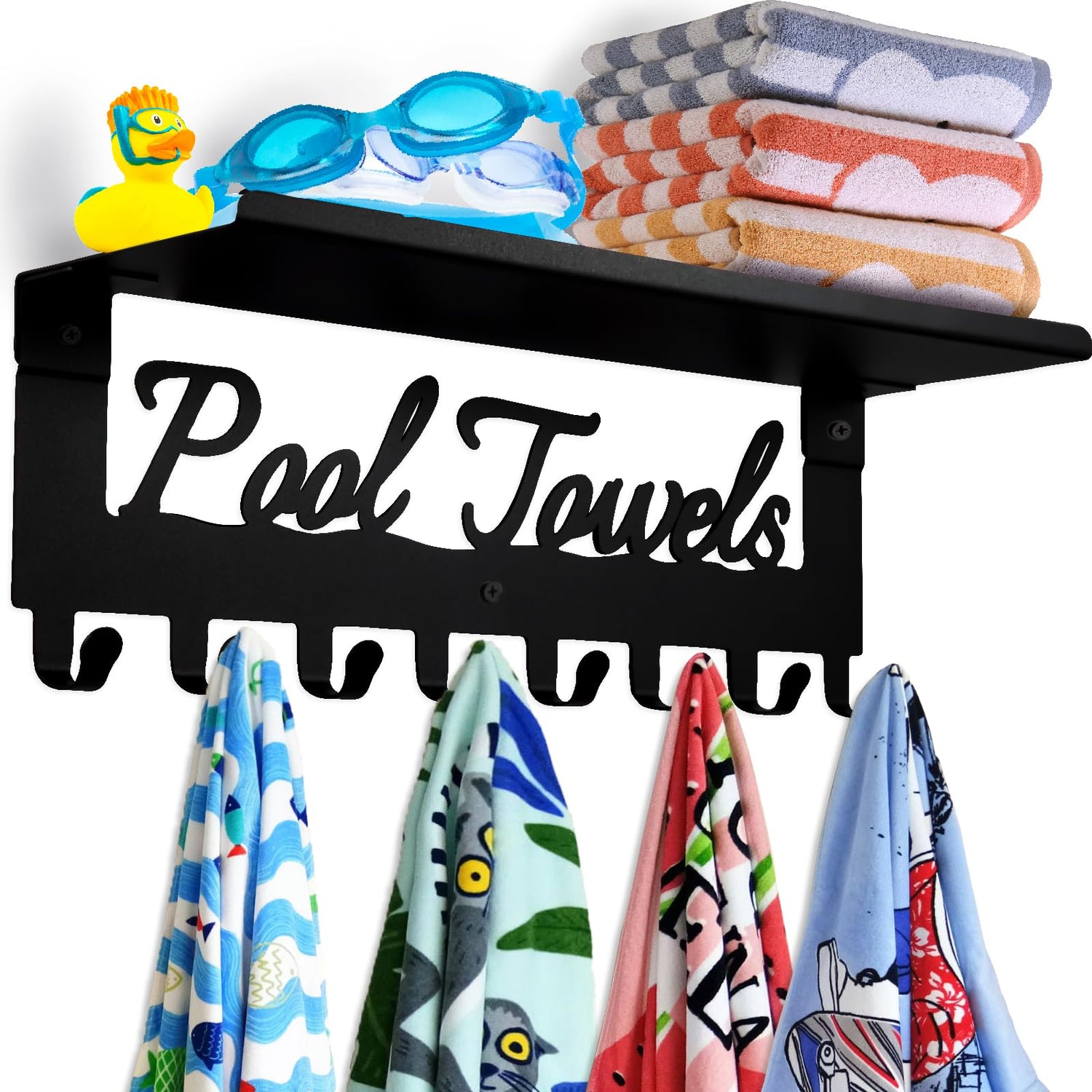 Topspeeder pool towel rack with shelf and eight hooks for organized towels.