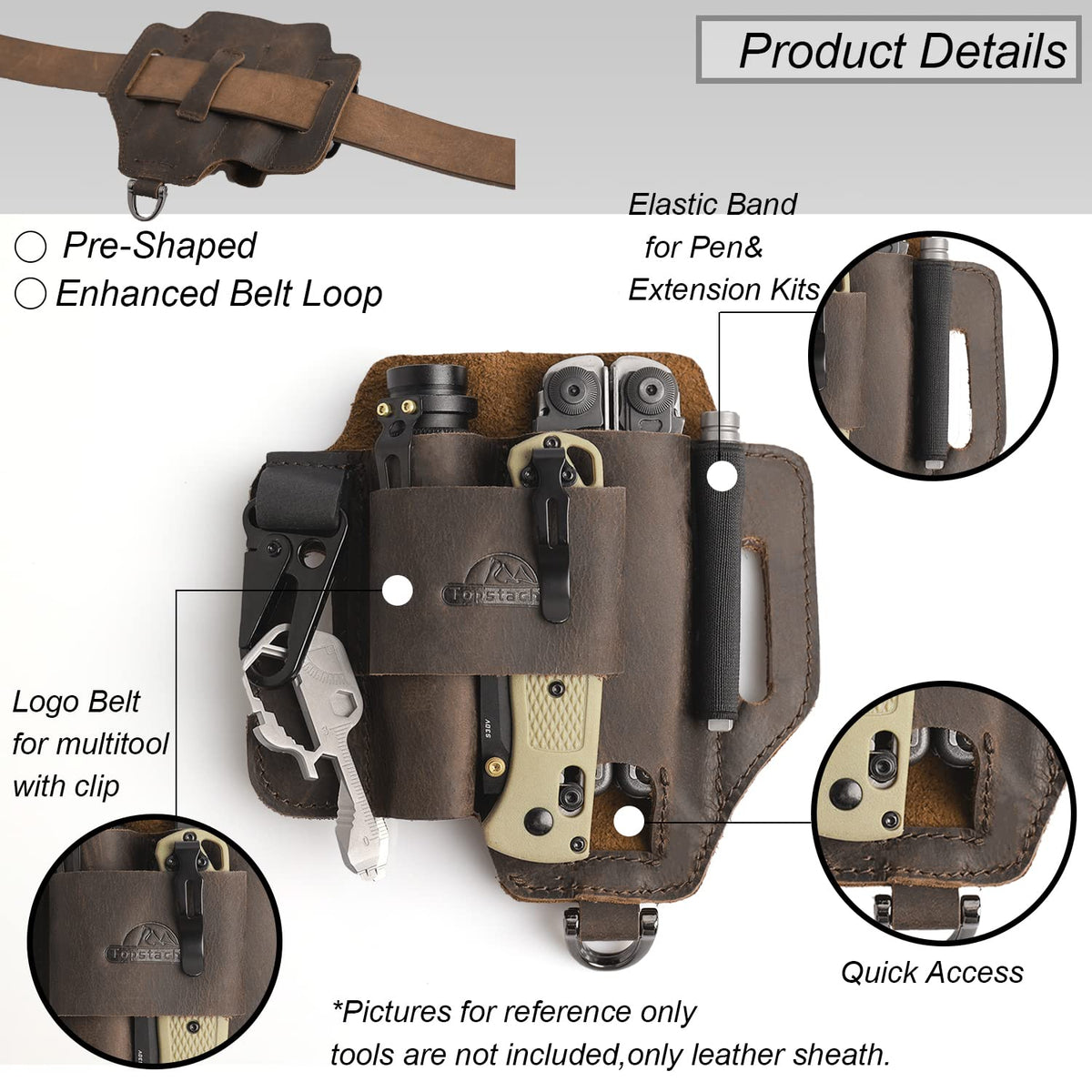 Topstache back belt loop design for secure, comfortable wear