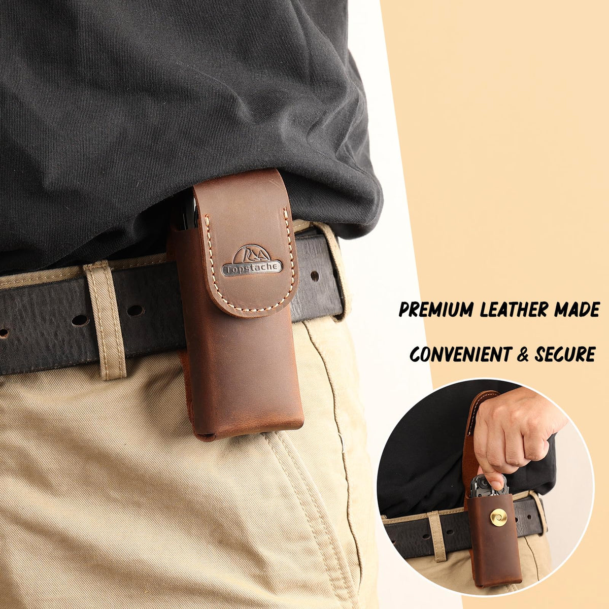 Topstache belt-loop holster securely holds Leatherman on belt for hands-free use