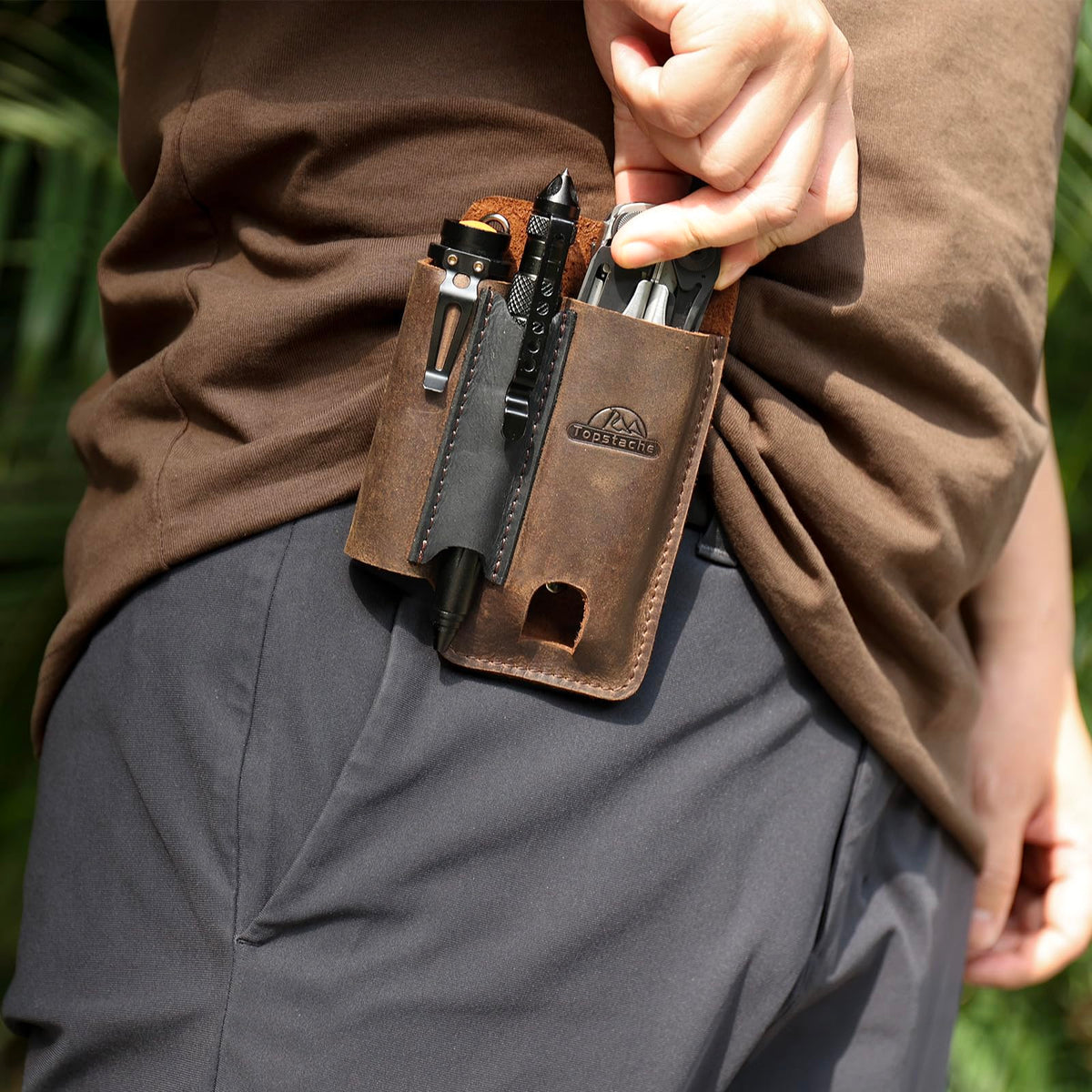 Topstache dark brown leather tool holder protects tools for daily use.