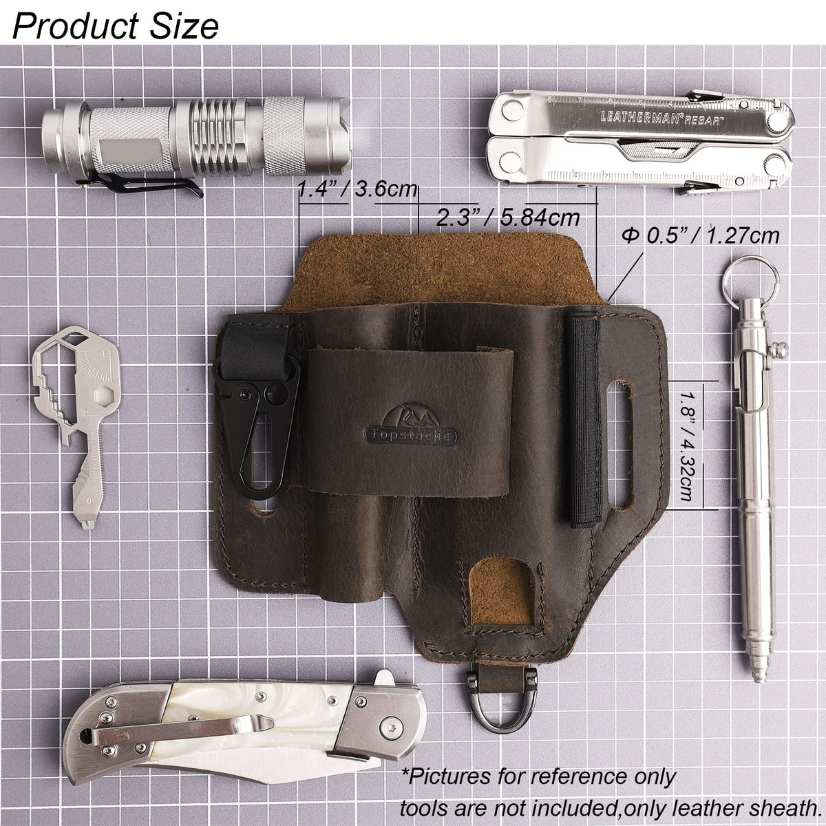Topstache interior holds multitool, flashlight, and pen with elastic band
