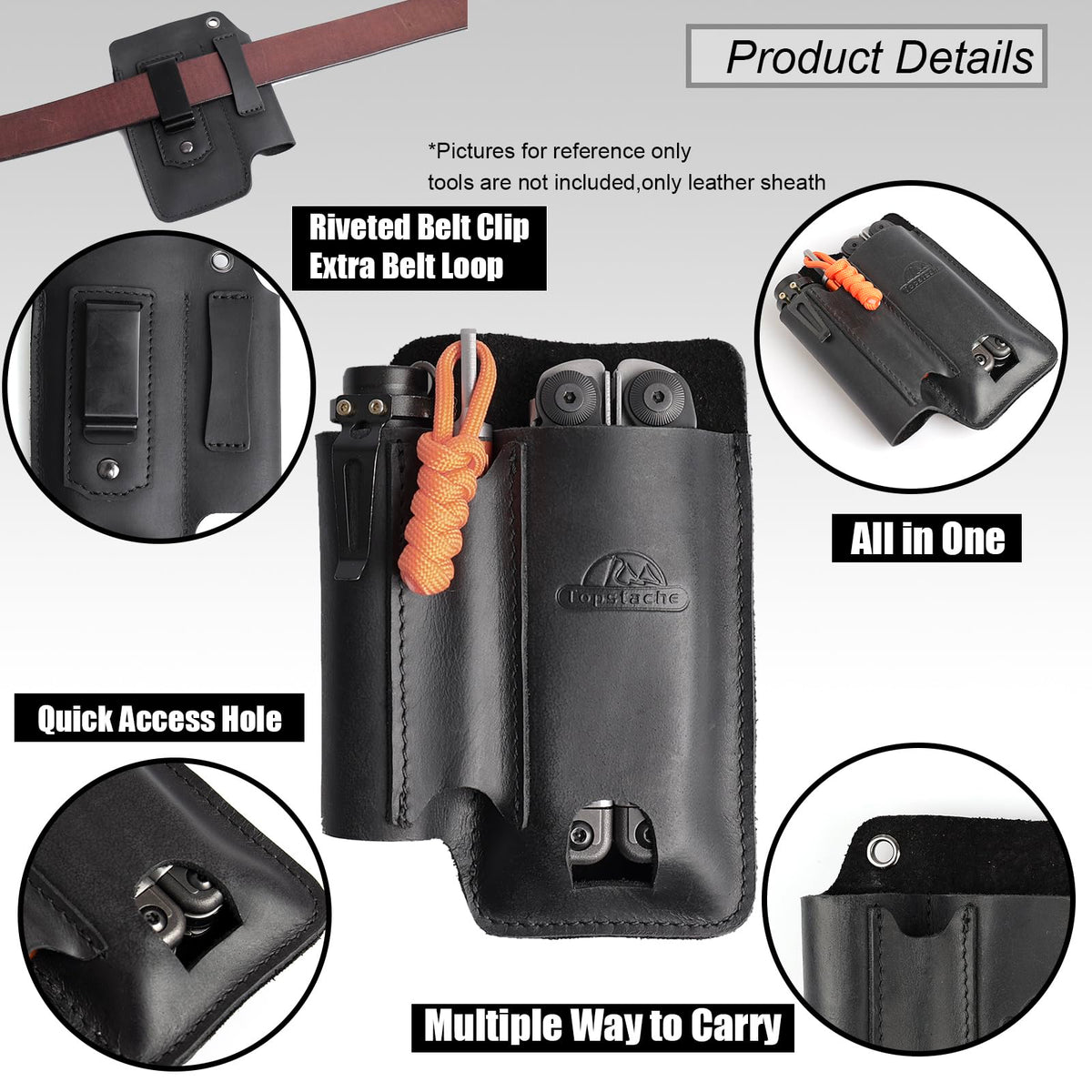 Topstache leather holster for tools protects gear while on the move.
