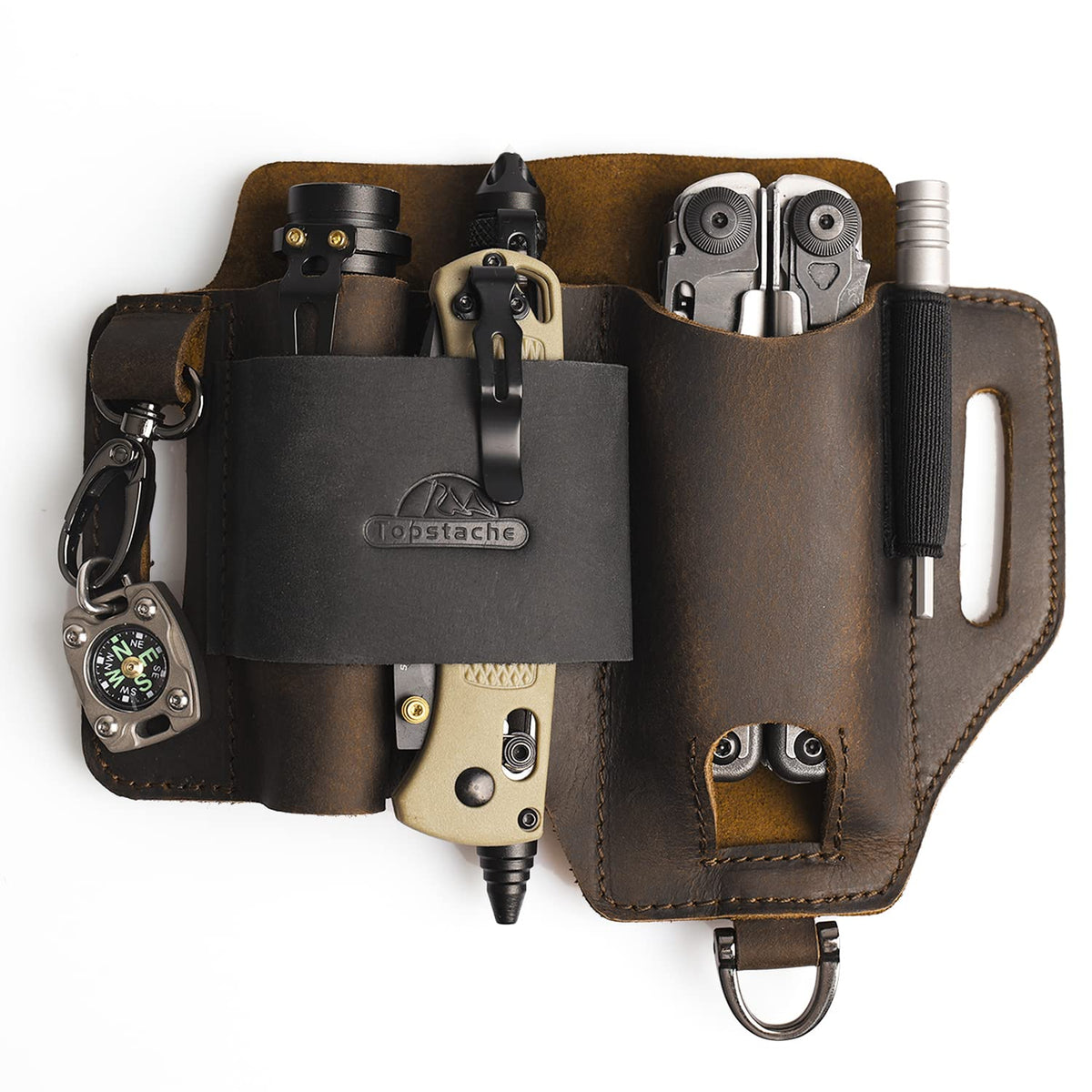 Topstache leather multitool sheath on belt attachment showing organized compartments for quick access