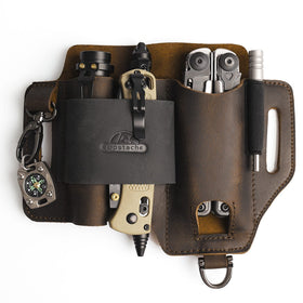 Topstache leather multitool sheath on belt attachment showing organized compartments for quick access