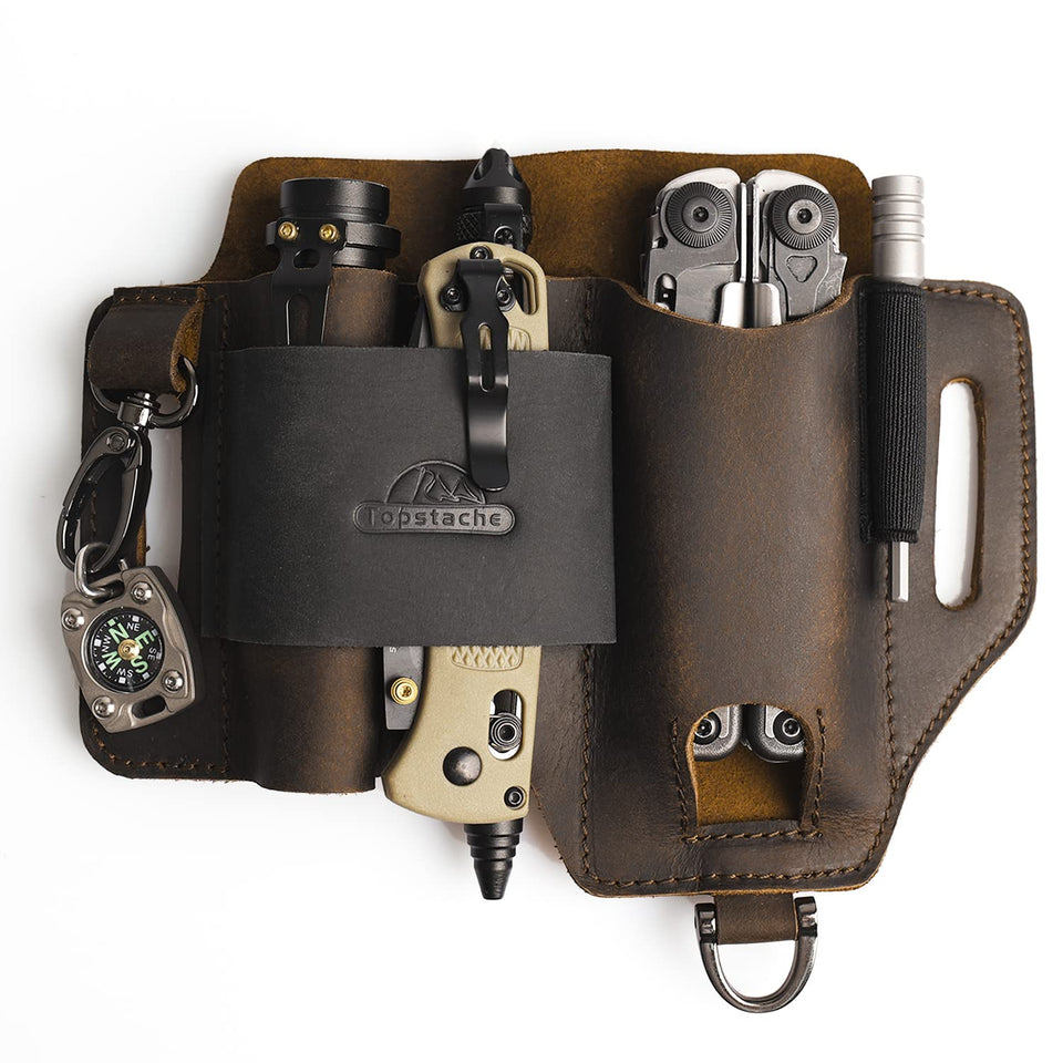 Topstache leather multitool sheath on belt attachment showing organized compartments for quick access