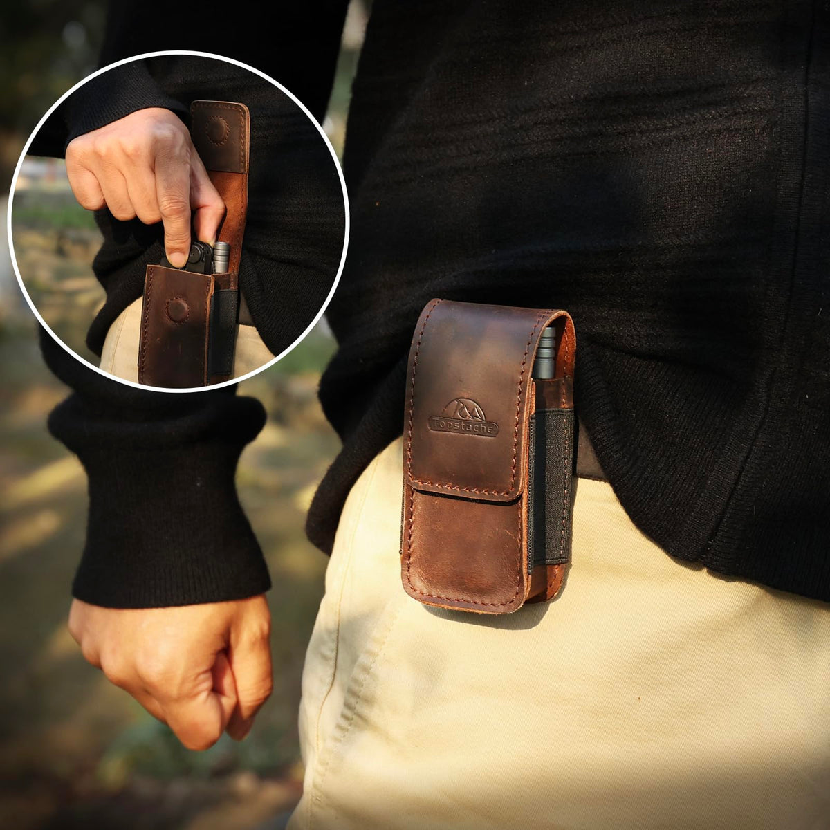 Topstache belt clip sheath highlighting secure belt attachment for easy on-and-off carry.