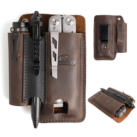 Topstache leather multitool sheath with belt clip for quick access.