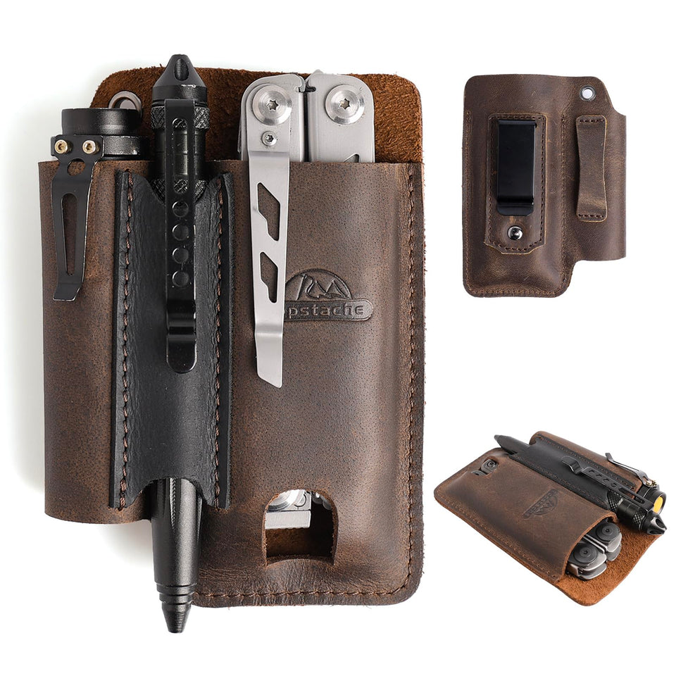 Topstache leather multitool sheath with belt clip for quick access.