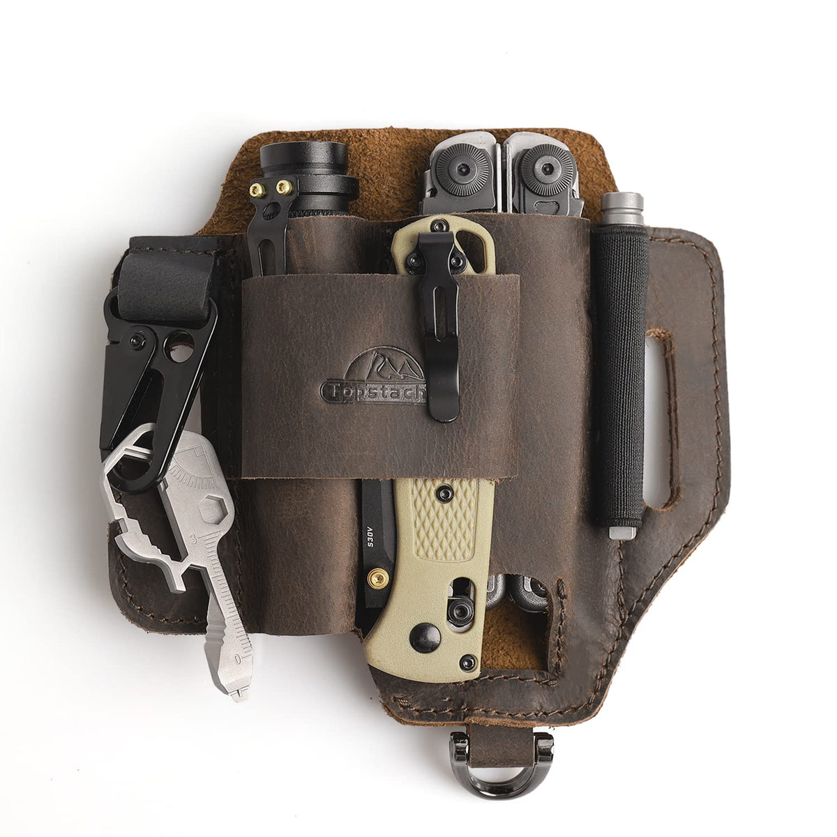 Topstache leather multitool sheath on belt showing organized daily carry