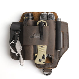 Topstache leather multitool sheath on belt showing organized daily carry
