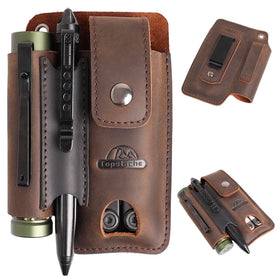 Topstache leather multitool sheath with belt clip for easy on-the-go tool access.