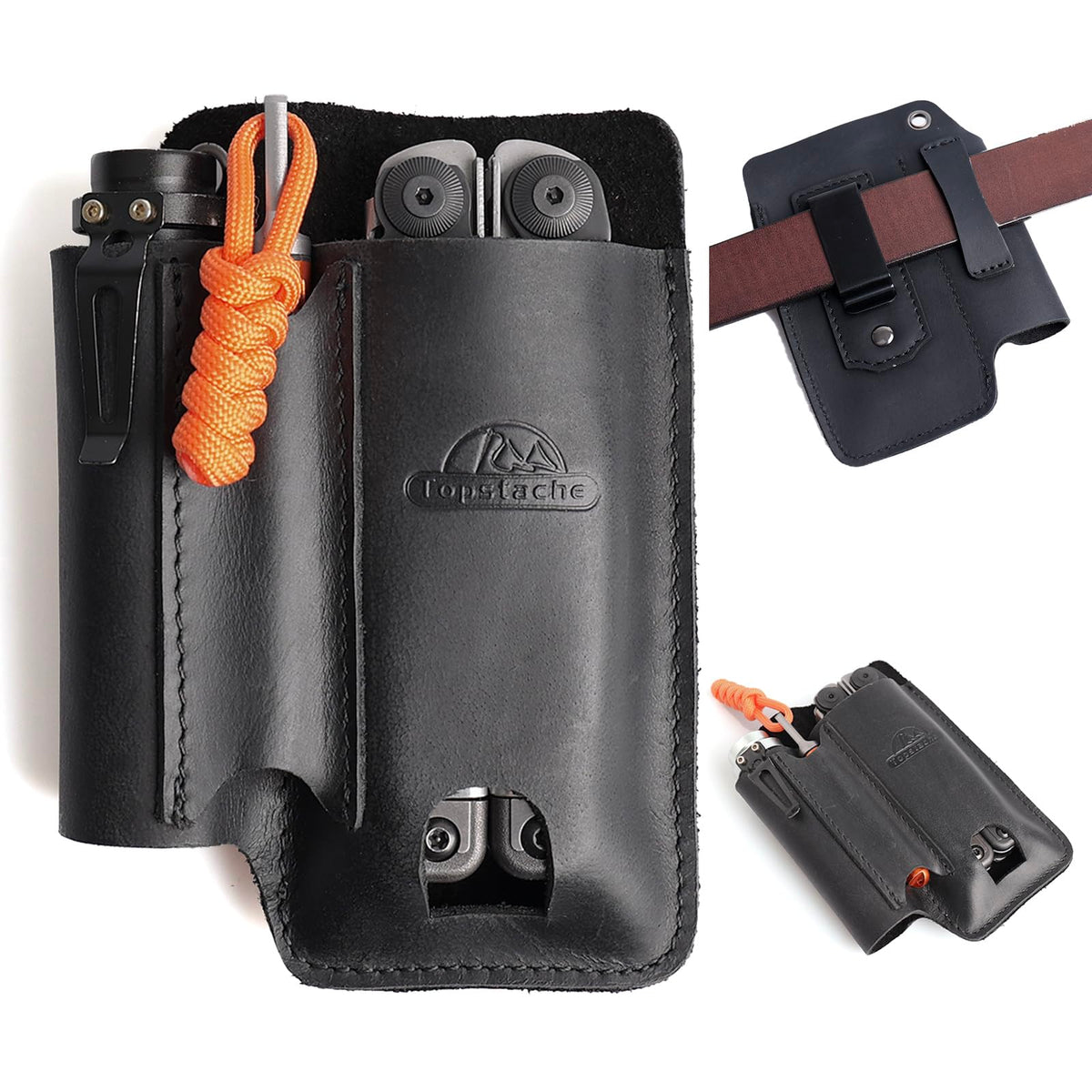 Topstache leather multitool sheath with belt-clip keeps tools secure and accessible.
