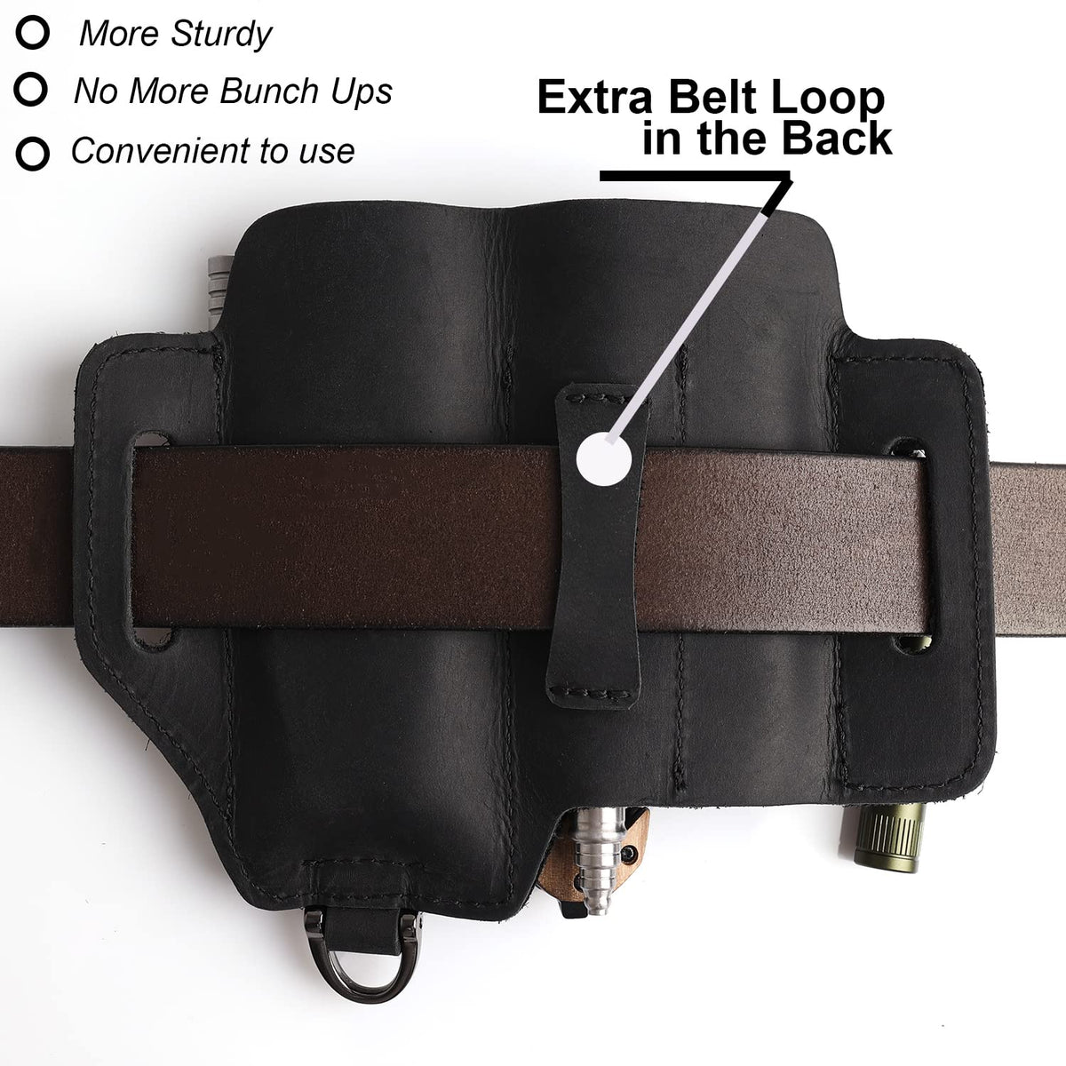 Topstache leather multitool sheath on belt loop for quick tool reach.