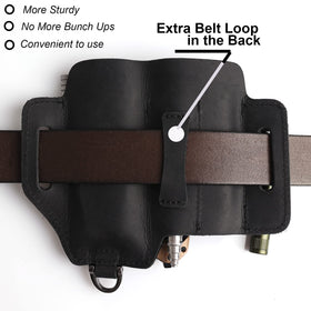 Topstache leather multitool sheath on belt loop for quick tool reach.