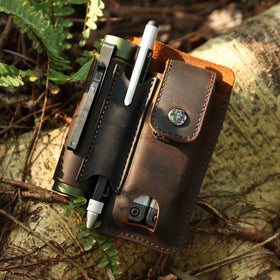 Dark brown leather Topstache multitool sheath highlights premium material and protection.